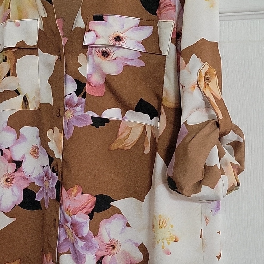 Calvin Klein Floral Button Front Brown Pink White Long Tab Sleeve Top Sz Medium - Picture 6 of 9